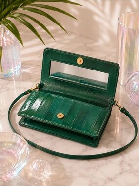 Emerald Green Eel Skin Crossbody Clutch with Mirror | Glossy Exotic Leather Bag